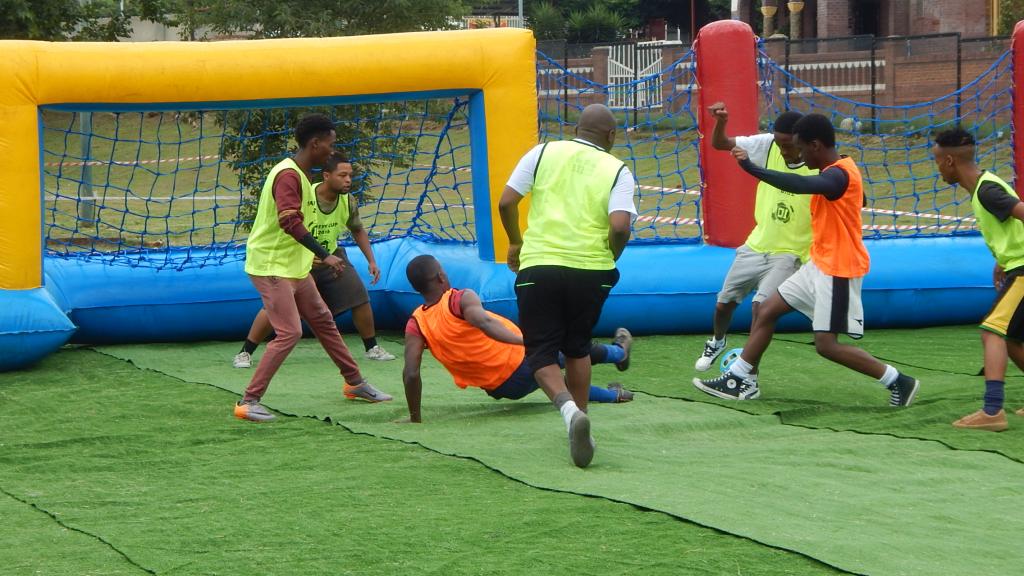 Playing soccer